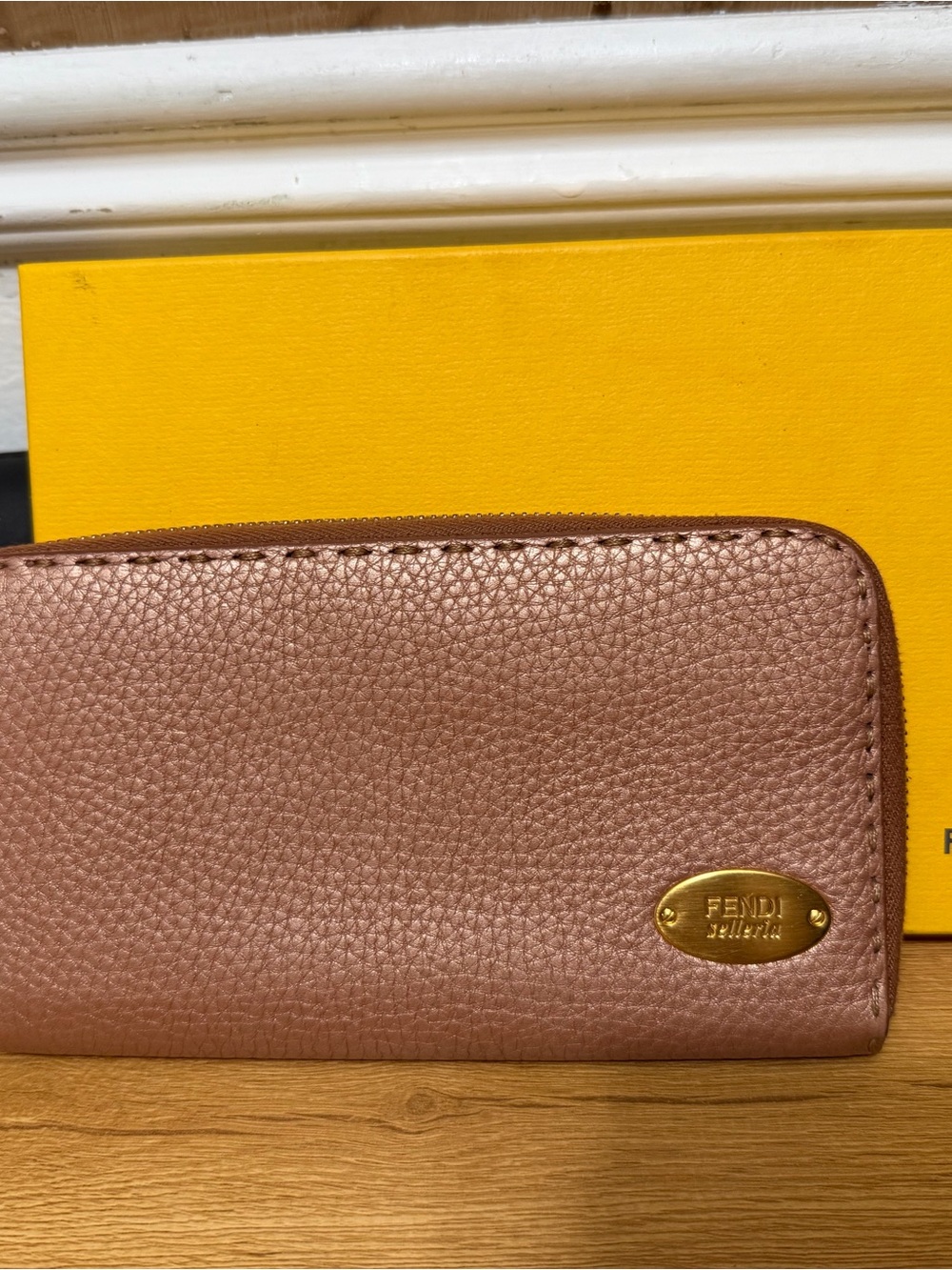 Fendi Rose Gold Pebbled Leather Zip Wallet with Gold Plaque